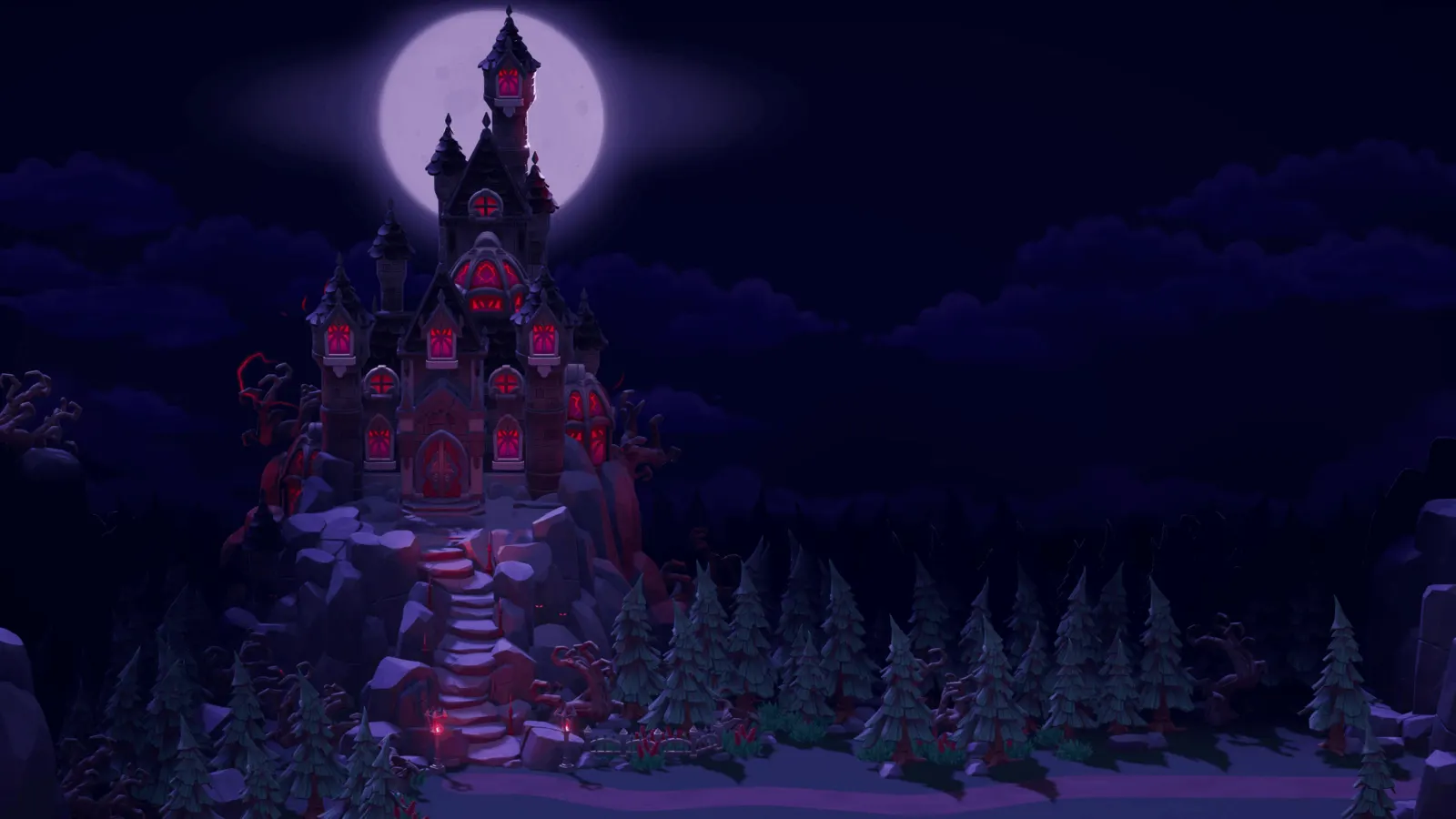 Dracula Castle beneath the moon in Moonlight Peaks